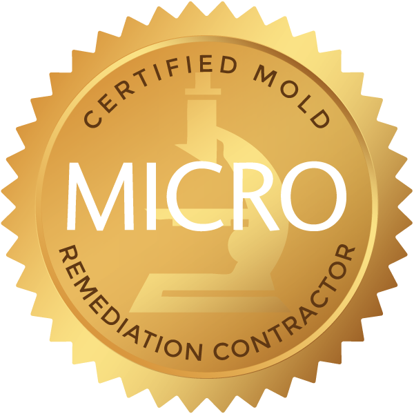 MICRO Certified Mold Remediation Contractor gold seal badge indicating expert mold removal and remediation services by Action Water Damage & Restoration.